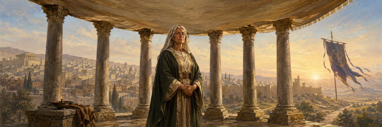 The steadfast mother stands among seven pillars as Eleazar's lamp and restored Jerusalem symbolize their shared witness